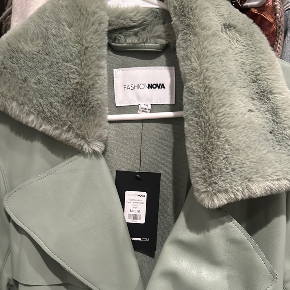 Fashion Nova Sage Green Leather Jacket with Plush Collar
